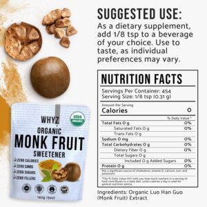 Organic Monk Fruit Extract, 5 oz, Pure Monk Fruit Sweetener Organic No Erythrytol and Zero Calorie, Sugar Substitute, Powdered Monkfruit Sweetener Keto and Paleo Diet Friendly, 454 Servings