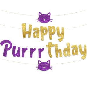 happy purrrthday glitter banner – cat birthday banner and decorations – funny kitten birthday party supplies and gifts