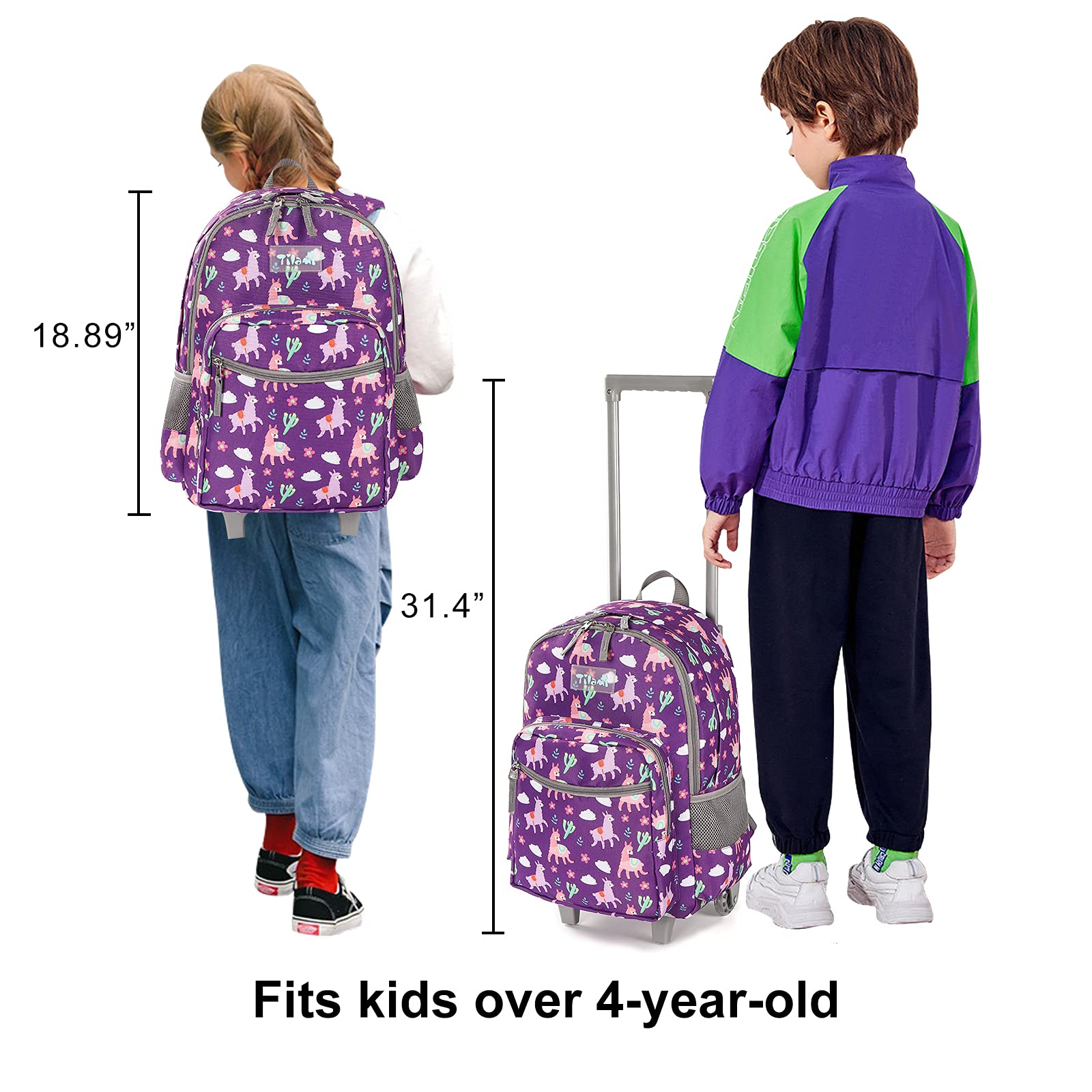 Tilami Rolling Backpack 18 inch Double Handle Wheeled Laptop Boys Girls Travel School Children Luggage Toddler Trip, Black