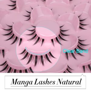 ALICE Manga Lashes Natural Wispy Clear Band Lashes Fluffy Japanese Style Anime Lashes look like Eyelash Extension Asian Lashes Spiky Faux Mink Lashes Pack 10 Pairs