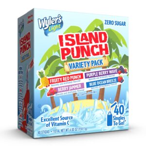 wyler's light island punch singles to go, variety pack, fruity red punch, purple berry wave, berry jammer and blue ocean breeze, 1 box (40 single servings)