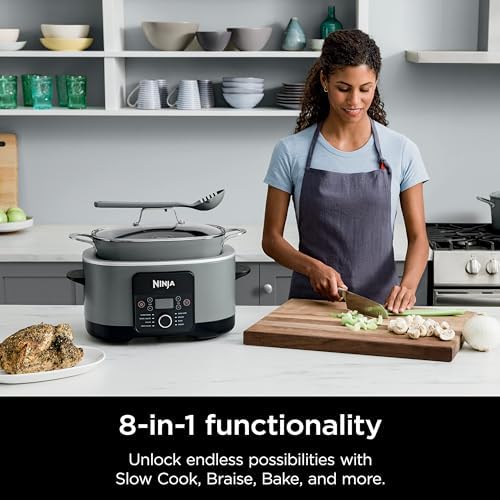 Ninja MC1001 Foodi PossibleCooker PRO 8.5 Quart Multi-Cooker, with 8-in-1 Slow Cooker, Pressure Cooker, Dutch Oven & More, Glass Lid & Integrated Spoon, Nonstick, Oven Safe Pot to 500°F, Sea Salt Grey (Renewed)