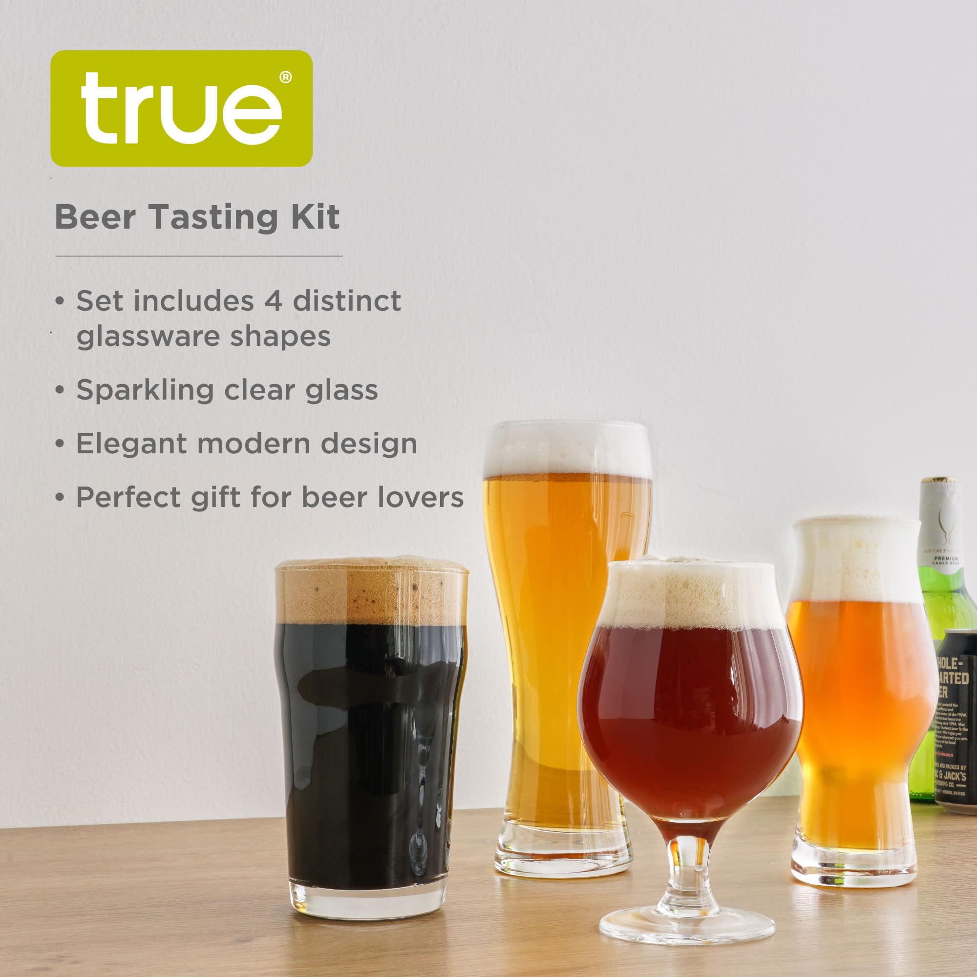 True Craft Beer Tasting Kit Glasses, Dishwasher Safe for Drinking IPAs, Tulips, Hefeweizen, and Imperial Pint Glassware, Set of 4