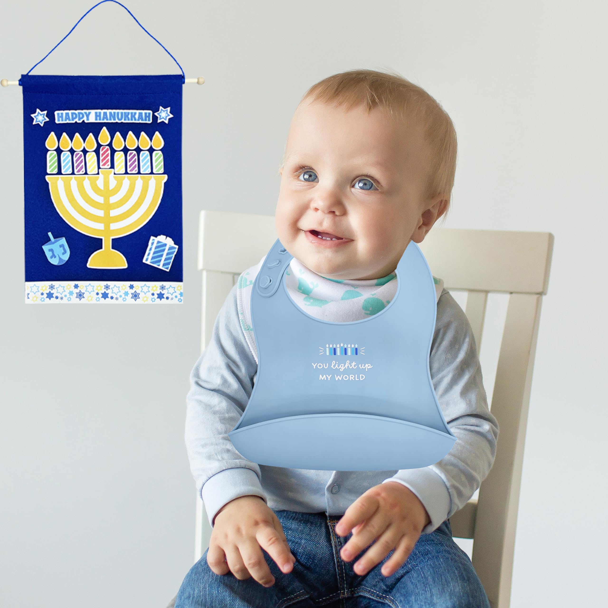 The Dreidel Company Hanukkah Baby Bib Silicone, Cute Baby Bibs for Babies & Toddlers, Unisex, Non Messy (You Light Up My World)