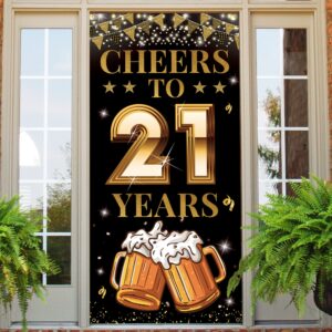 21st birthday decorations for him her, cheers to 21 years birthday door banner, black gold 21st birthday yard sign, 21 birthday party backdrop photo props poster for outdoor indoor, fabric, vicycaty