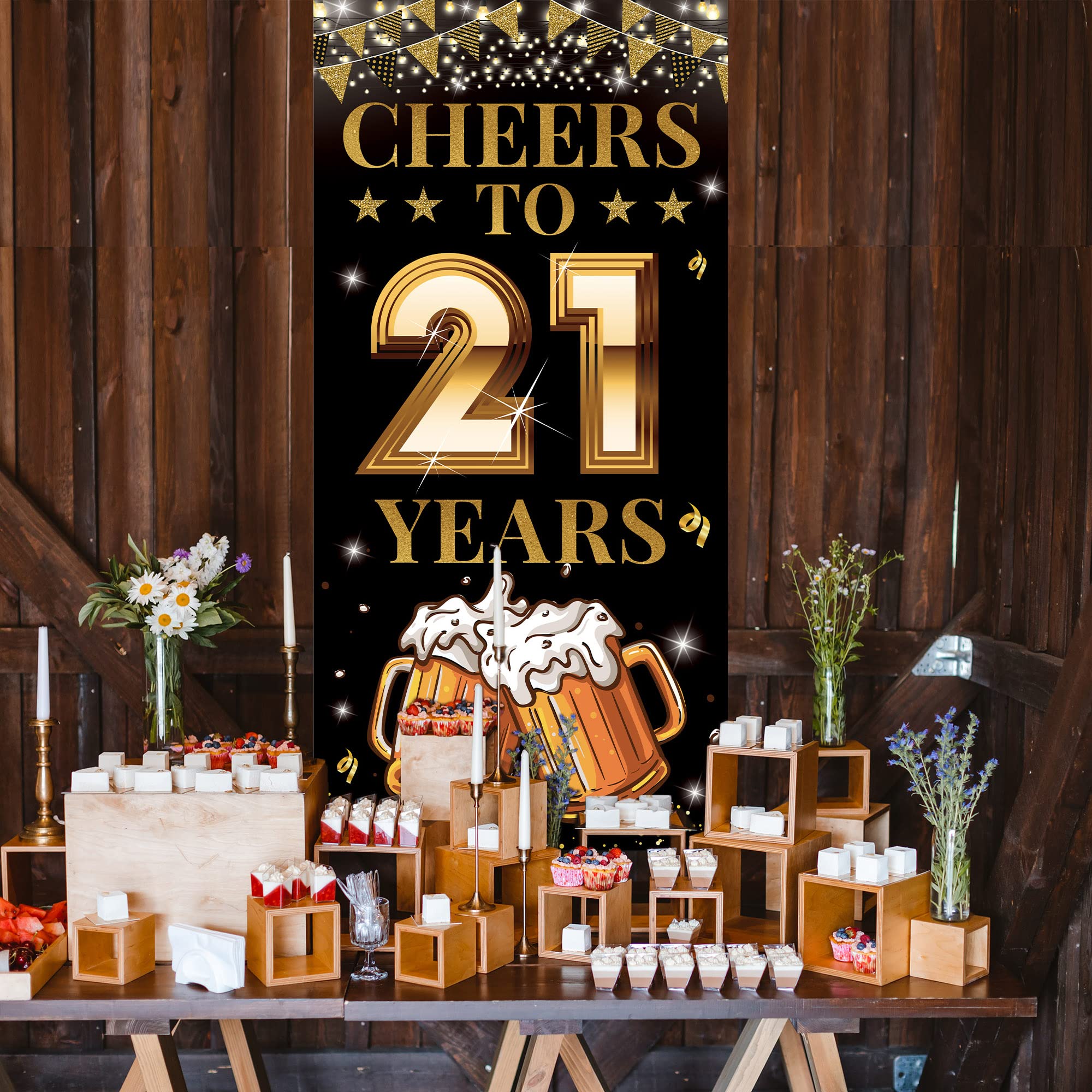 21st Birthday Decorations for Him Her, Cheers to 21 Years Birthday Door Banner, Black Gold 21st Birthday Yard Sign, 21 Birthday Party Backdrop Photo Props Poster for Outdoor Indoor, Fabric, Vicycaty