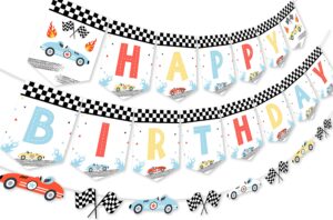 vintage race car birthday decorations - happy birthday banner, racing car garland, retro race car birthday decorations pastel, let's go racing birthday party decorations for boys