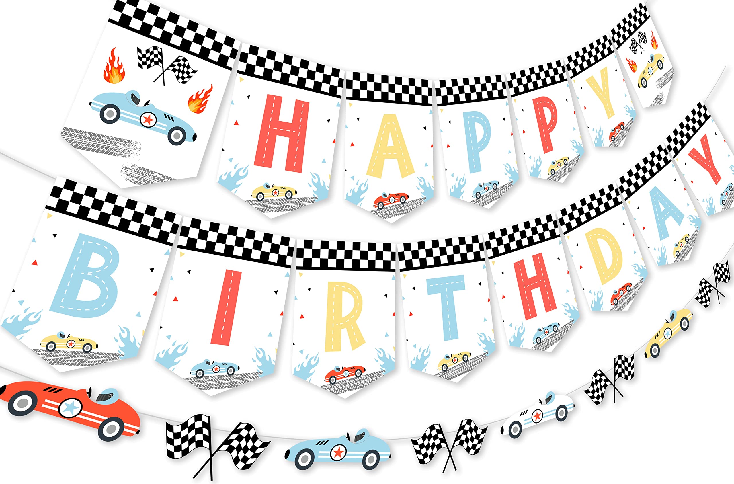 Vintage Race Car Birthday Decorations - Happy Birthday Banner, Racing Car Garland, Retro Race Car Birthday Decorations Pastel, Let's Go Racing Birthday Party Decorations for Boys