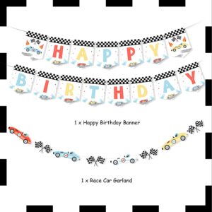 Vintage Race Car Birthday Decorations - Happy Birthday Banner, Racing Car Garland, Retro Race Car Birthday Decorations Pastel, Let's Go Racing Birthday Party Decorations for Boys