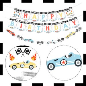 Vintage Race Car Birthday Decorations - Happy Birthday Banner, Racing Car Garland, Retro Race Car Birthday Decorations Pastel, Let's Go Racing Birthday Party Decorations for Boys