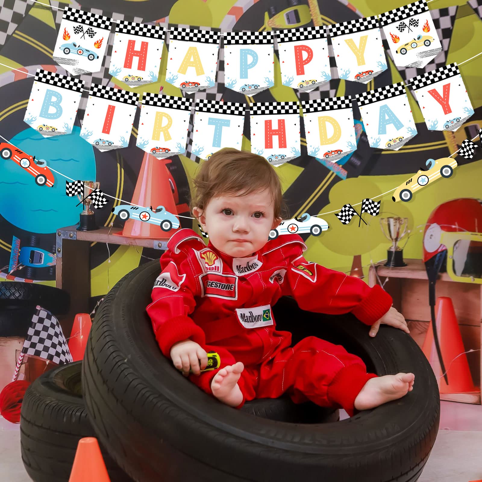 Vintage Race Car Birthday Decorations - Happy Birthday Banner, Racing Car Garland, Retro Race Car Birthday Decorations Pastel, Let's Go Racing Birthday Party Decorations for Boys