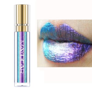 maydear chameleon lipstick, high pigmented blue lipstick for women metallic shine lip gloss, full-coverage multichrome lipstick long lasting rainbow lip makeup, blue purple(04)