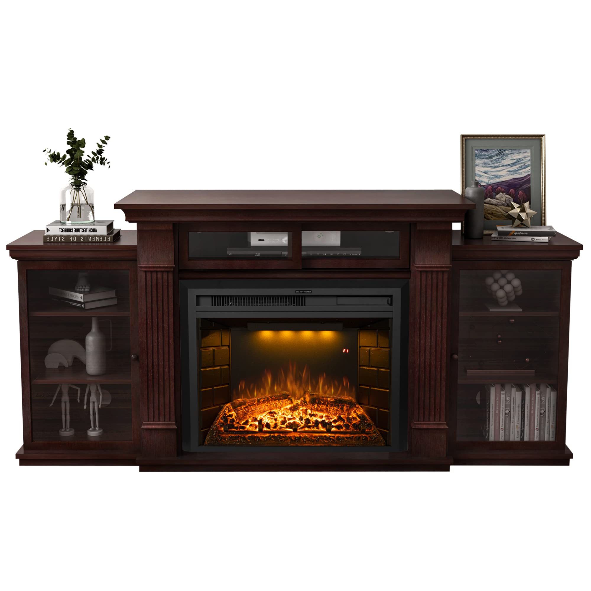 Velaychimney 67 Inch Electric Fireplace TV Stand, Wood Media Entertainment Center Table with Storage Cabinet & Adjustable Shelves, 25" Fireplace Insert Adjustable Flame, Crackling Sound (Brown)