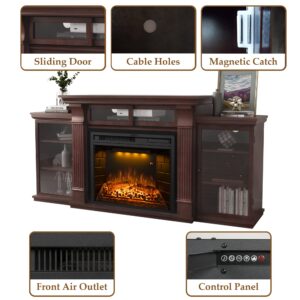 Velaychimney 67 Inch Electric Fireplace TV Stand, Wood Media Entertainment Center Table with Storage Cabinet & Adjustable Shelves, 25" Fireplace Insert Adjustable Flame, Crackling Sound (Brown)