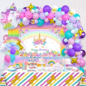 129pcs unicorn theme birthday party decorations supplies for girls,rainbow unicorn balloon garland arch kit with unicorn backdrop tablecloth,fringe curtain rainbow gold confetti pink purple balloons