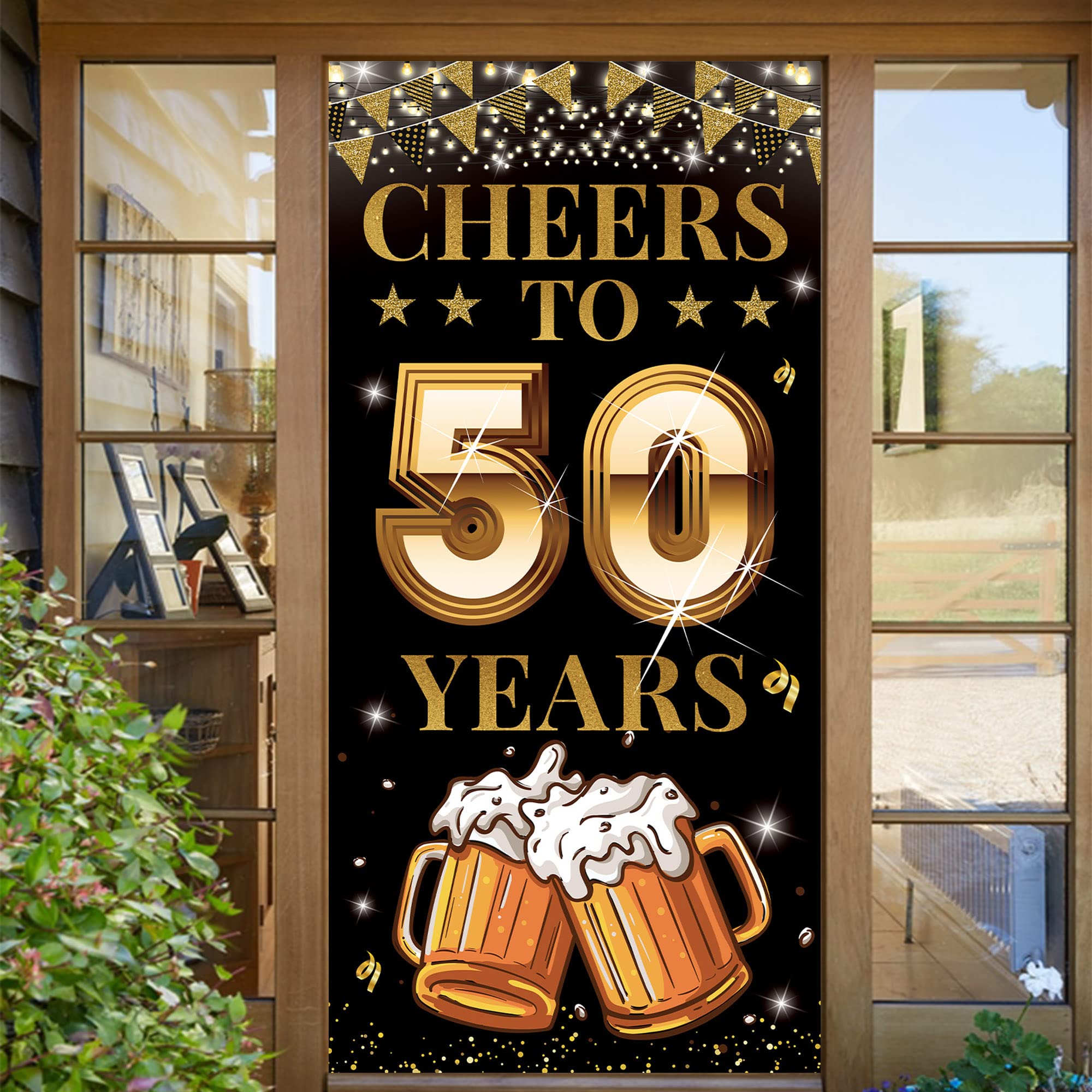 Cheers to 50 Years Door Banner, Happy 50th Birthday Decorations for Men Women, Golden 50th Anniversary, Black Gold 50 Year Class Reunion Party Backdrop Yard Sign for Outdoor Indoor, Fabric, Vicycaty