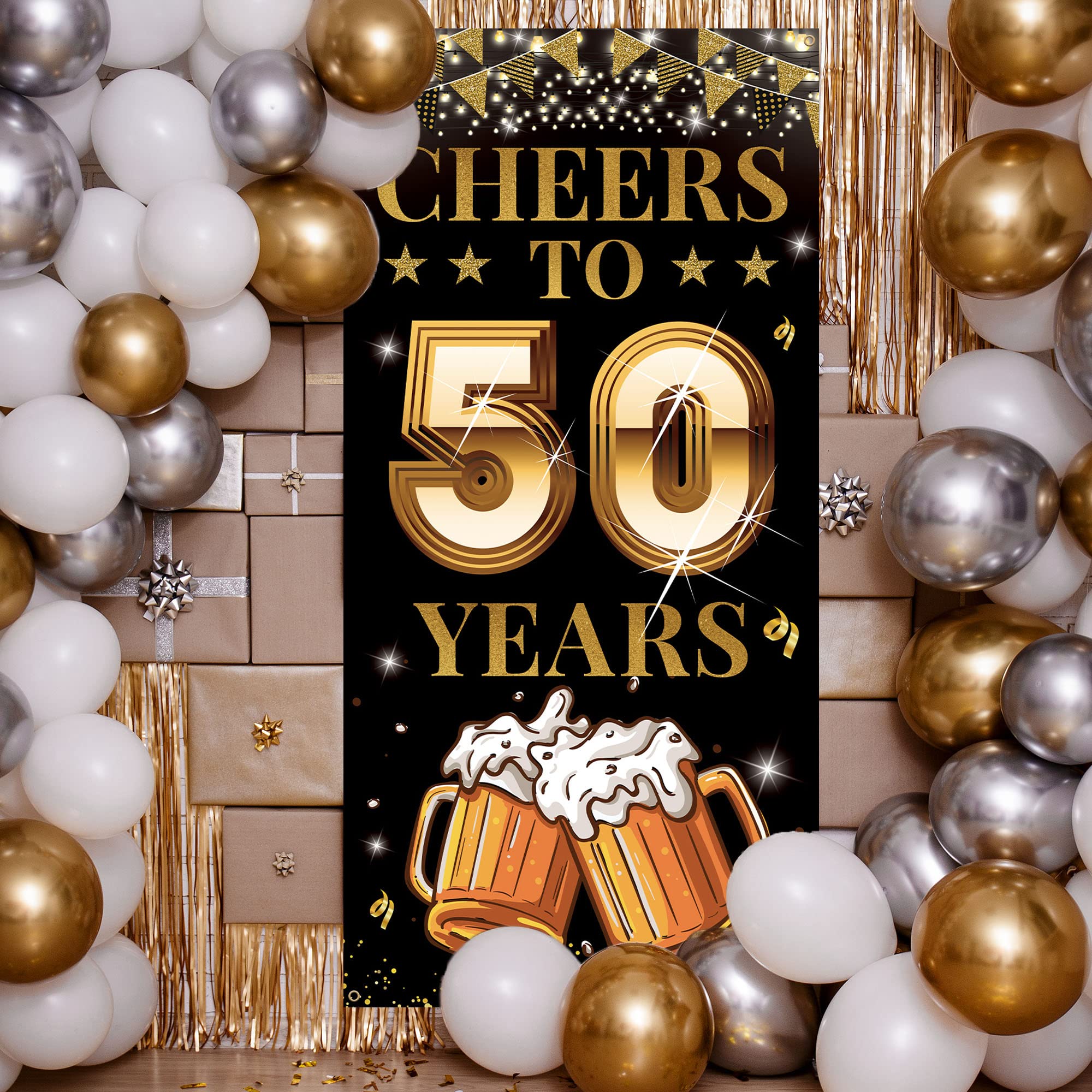 Cheers to 50 Years Door Banner, Happy 50th Birthday Decorations for Men Women, Golden 50th Anniversary, Black Gold 50 Year Class Reunion Party Backdrop Yard Sign for Outdoor Indoor, Fabric, Vicycaty