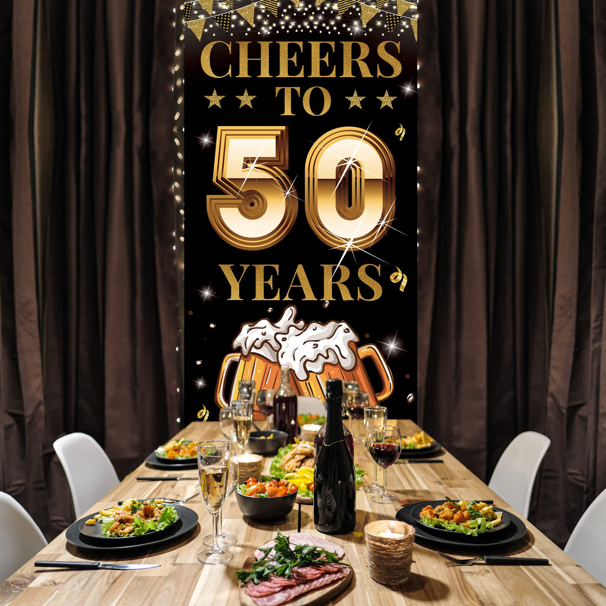 Cheers to 50 Years Door Banner, Happy 50th Birthday Decorations for Men Women, Golden 50th Anniversary, Black Gold 50 Year Class Reunion Party Backdrop Yard Sign for Outdoor Indoor, Fabric, Vicycaty