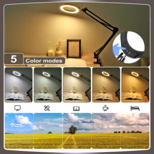 VEEMAGNI 5 Inch Large Magnifying Glass with Light and Stand, 5 Color Modes Stepless Dimmable, Long Swivel Arm LED Clamp Desk Lamp, Hands Free 8X Lighted Magnifier for Close Work Craft Hobby Soldering