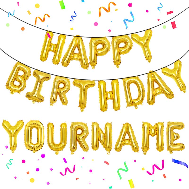 Happy Birthday Banner,Personalized Name Happy Birthday Balloon Banner Letters Balloons 2 Sets A-Z 16 Inch Reusable Foil Mylar Birthday Party Decorations for Women Men Boys Girls (Gold)