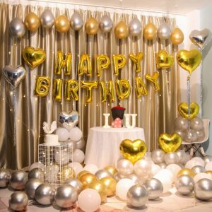 Happy Birthday Banner,Personalized Name Happy Birthday Balloon Banner Letters Balloons 2 Sets A-Z 16 Inch Reusable Foil Mylar Birthday Party Decorations for Women Men Boys Girls (Gold)