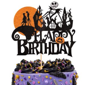 1 pcs halloween happy birthday cake topper glitter jack and sally pumpkin bat castle ghost halloween cake pick for halloween theme baby shower kids birthday party cake decorations supplies