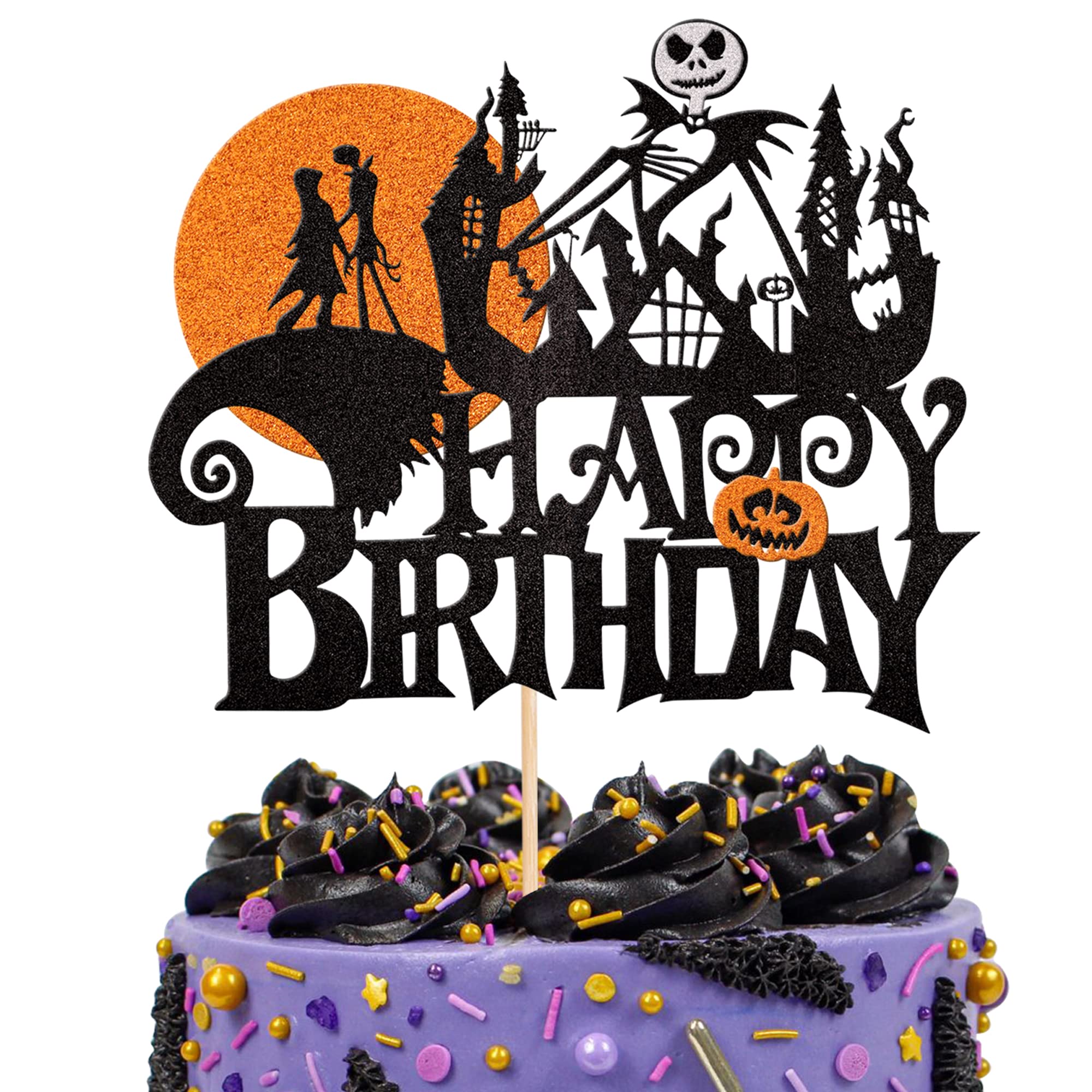 1 PCS Halloween Happy Birthday Cake Topper Glitter Jack and Sally Pumpkin Bat Castle Ghost Halloween Cake Pick for Halloween Theme Baby Shower Kids Birthday Party Cake Decorations Supplies