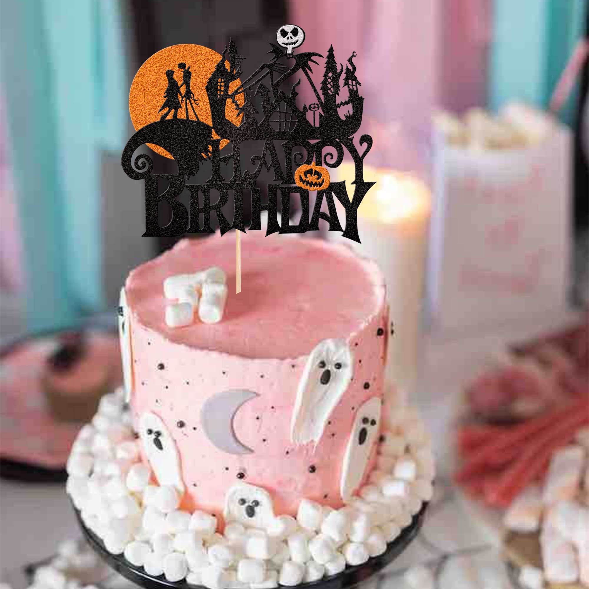 1 PCS Halloween Happy Birthday Cake Topper Glitter Jack and Sally Pumpkin Bat Castle Ghost Halloween Cake Pick for Halloween Theme Baby Shower Kids Birthday Party Cake Decorations Supplies