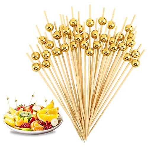 200 Pcs Cocktail Picks, Fancy Toothpicks for Appetizers 4.7inch Skewers for Appetizers Gold Pearl Long Toothpicks Charcuterie Accessories for Drinks, Desserts, Fruits, Sandwich, Party Food Decor