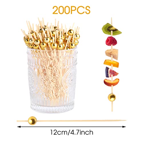 200 Pcs Cocktail Picks, Fancy Toothpicks for Appetizers 4.7inch Skewers for Appetizers Gold Pearl Long Toothpicks Charcuterie Accessories for Drinks, Desserts, Fruits, Sandwich, Party Food Decor