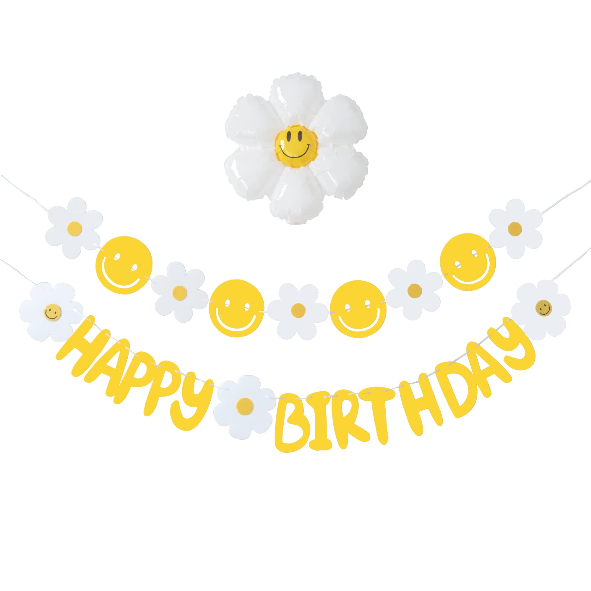 Happy Birthday Banner, Daisy Birthday Party Decorations with Daisy Balloon and Felt Daisy Smiley Face Birthday Banners for Boho Hippie Groovy Smiley Face Party Baby Shower Girl Birthday Decorations