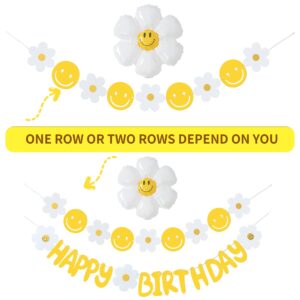 Happy Birthday Banner, Daisy Birthday Party Decorations with Daisy Balloon and Felt Daisy Smiley Face Birthday Banners for Boho Hippie Groovy Smiley Face Party Baby Shower Girl Birthday Decorations