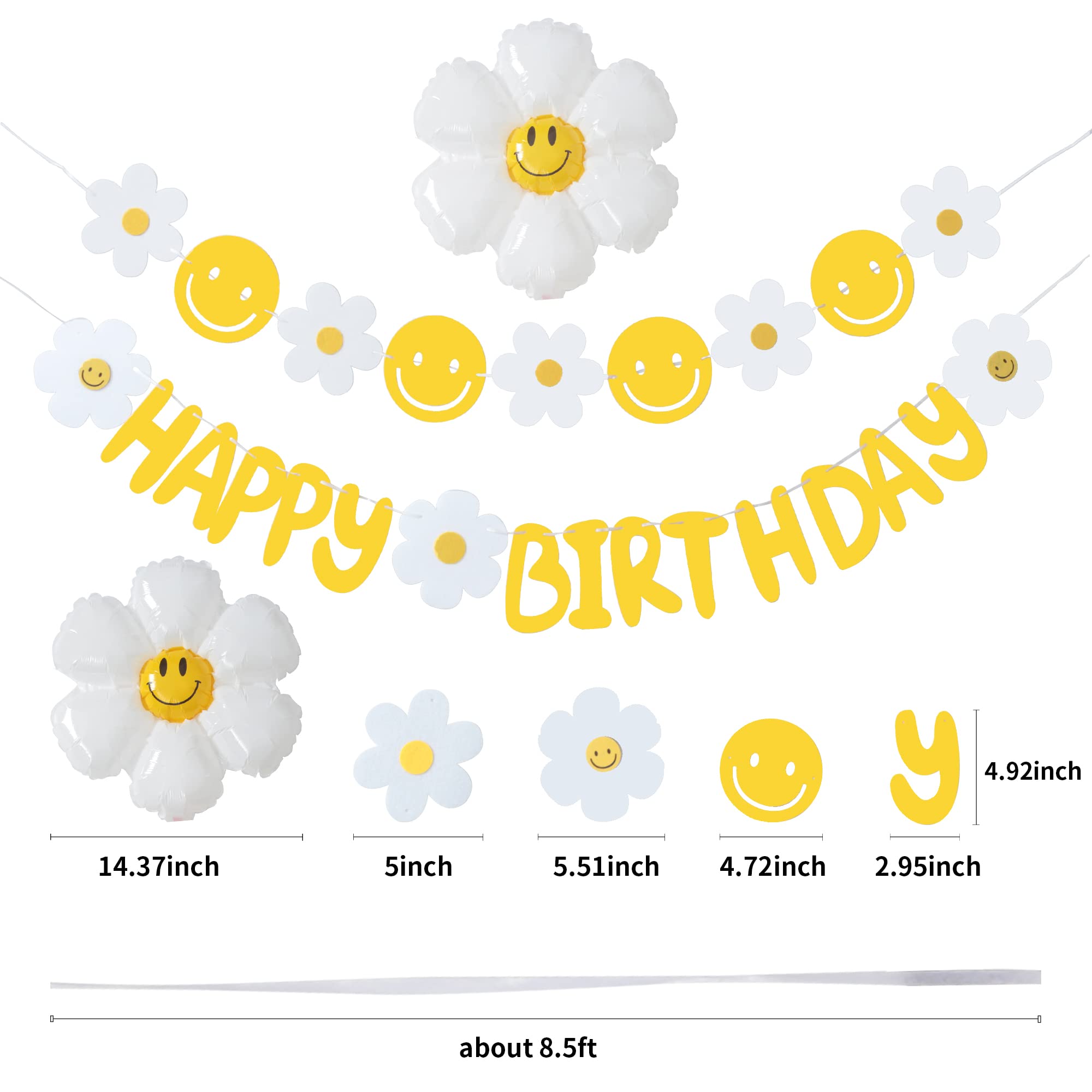 Happy Birthday Banner, Daisy Birthday Party Decorations with Daisy Balloon and Felt Daisy Smiley Face Birthday Banners for Boho Hippie Groovy Smiley Face Party Baby Shower Girl Birthday Decorations