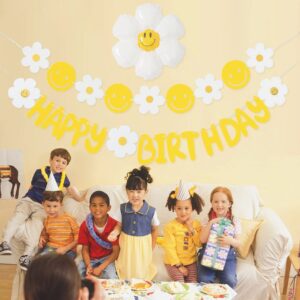 Happy Birthday Banner, Daisy Birthday Party Decorations with Daisy Balloon and Felt Daisy Smiley Face Birthday Banners for Boho Hippie Groovy Smiley Face Party Baby Shower Girl Birthday Decorations