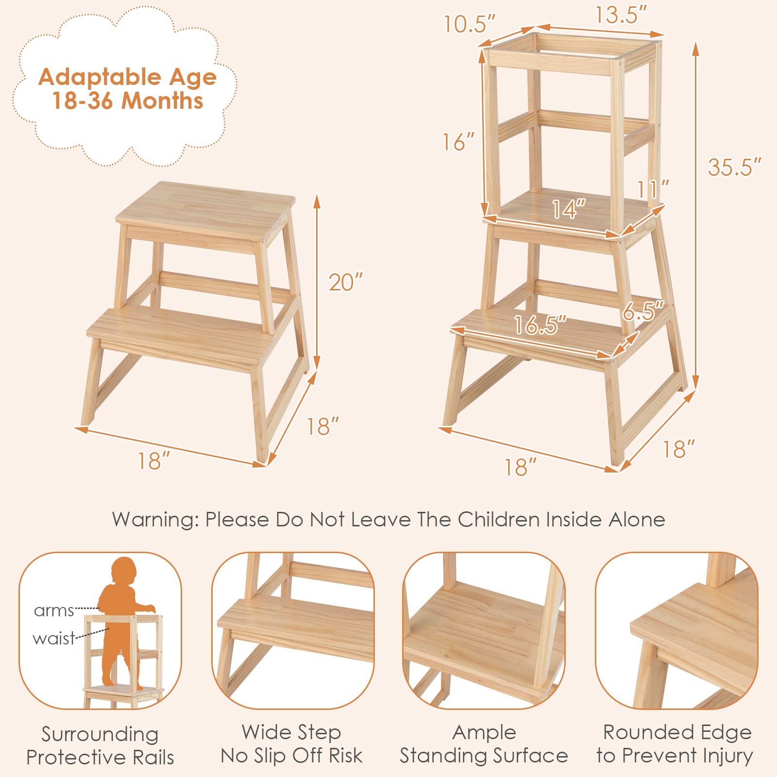 HONEY JOY Kids Kitchen Step Stool with Safety Rail, Wooden Montessori Standing Tower for Counter Bathroom Sink, Non-Slip Mat, Children Learning Stepping Stool for Toddlers 18+ Month