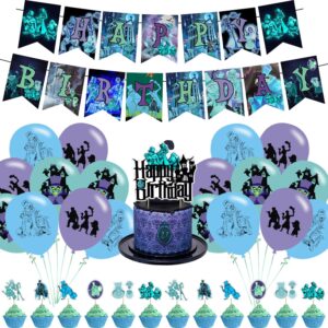 haunted of mansion birthday party decorations, halloween horror theme party supplies with happy birthday banner, cake toppers, balloons for kids adults party favors