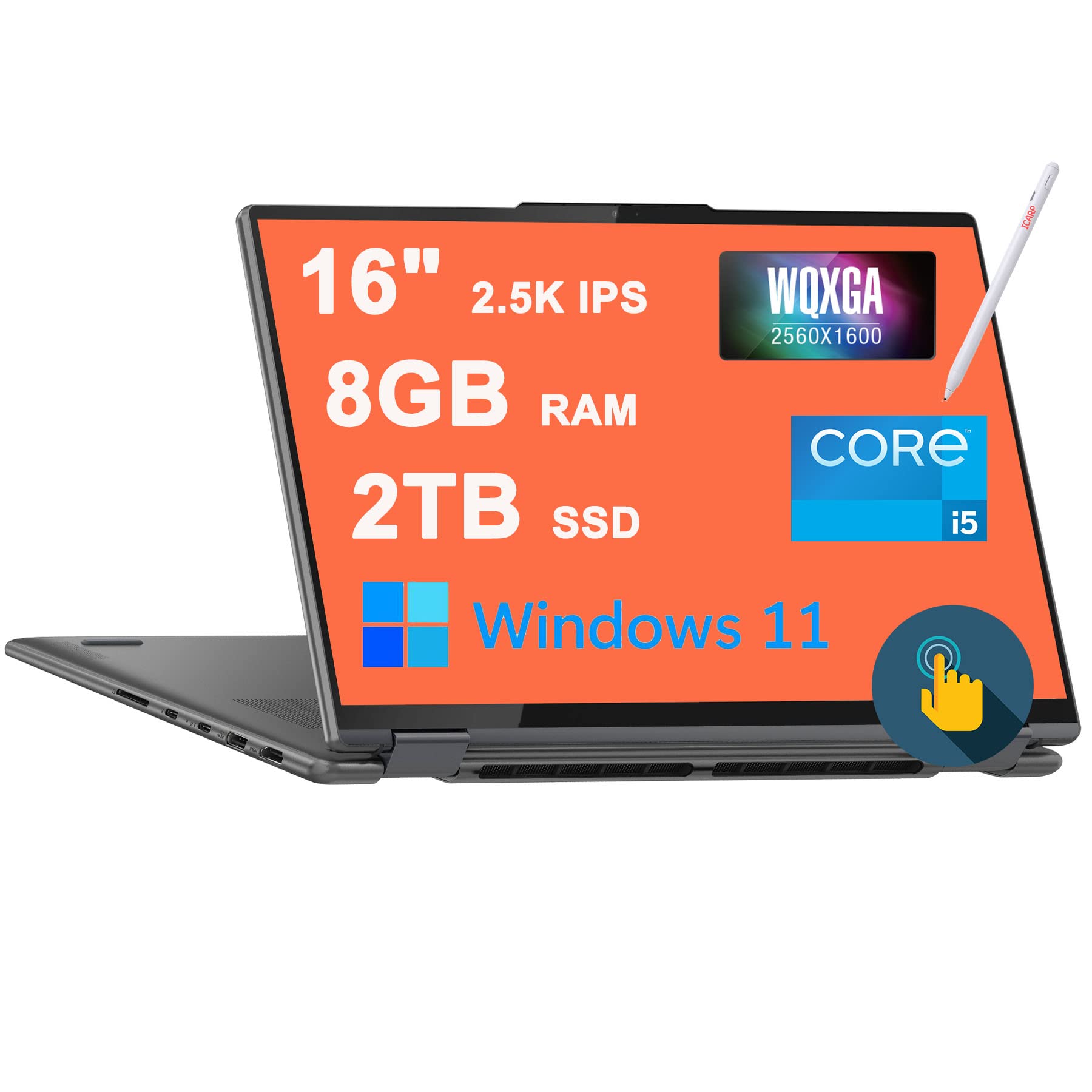 Lenovo Yoga 7i 16 2-in-1 Laptop 16" 2.5K IPS Touchscreen (400 nits, 100% sRGB, TÜV Low Blue Light) 12th Gen Intel 12-Core i5-1240P 8GB RAM 2TB SSD Backlit Fingerprint Thunderbolt Win11(Renewed)