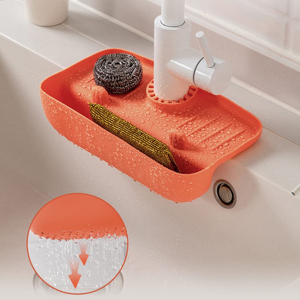 EastVita Kitchen Sink Storage Rack,Faucet Splash-Proof Draining Rack,Non-Slip Sink Water Collection Pad Kitchen Rag Sponge Wipe Sink Tray Holder Drain Basket for Various Countertops Orange