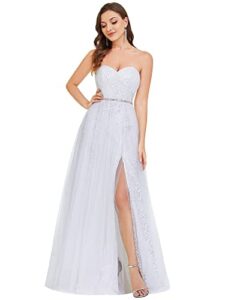 ever-pretty women's sexy strapless lace up back tulle high slit wedding dresses for bride white us6