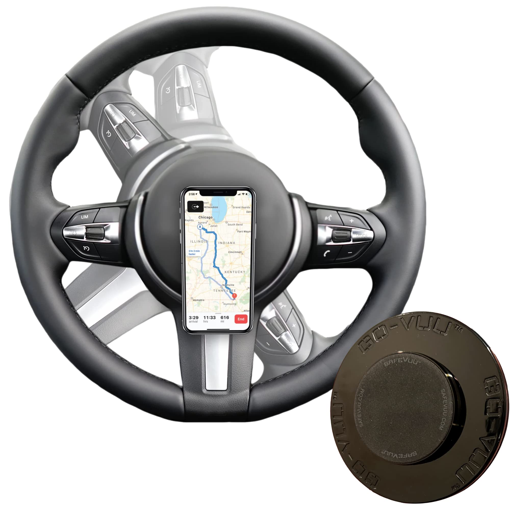 SafeVuu Magnetic Universal Steering Wheel Phone Holder - Perfect Rotating Magnet Mobile Mount for Golf Carts, Trucks, Utility Vehicles, Motor Coaches, GPS Hands - Free Driving