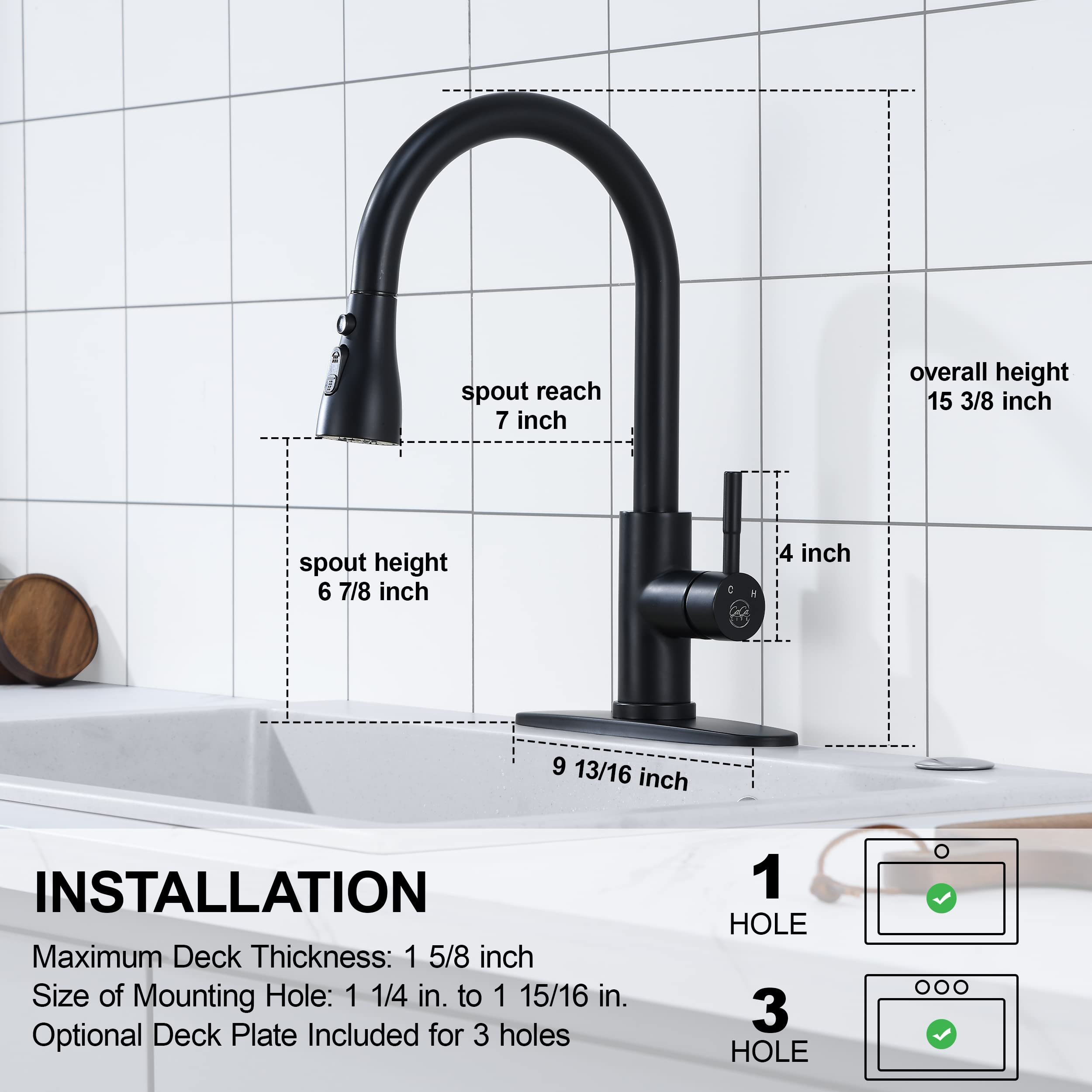 GAGALIFE Matte Black Kitchen Faucet with Pull Down Sprayer - High Arc Stainless Steel Kitchen Sink Faucet, 3-Function Pull Out Kitchen Faucet, Single Hole Single Handle Sink Faucet, Modern Faucets