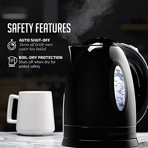 OVENTE Electric Kettle + 2-Slice Toaster Combo, 1.7L Hot Water Boiler with Auto Shut-Off and Boil Dry Protection, Toasting Machine with 6-Shade Settings and Removable Crumb Tray, Black KP72B + TP2210B