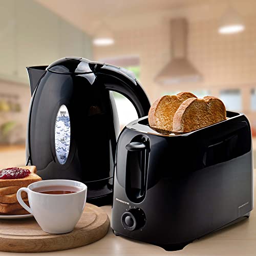 OVENTE Electric Kettle + 2-Slice Toaster Combo, 1.7L Hot Water Boiler with Auto Shut-Off and Boil Dry Protection, Toasting Machine with 6-Shade Settings and Removable Crumb Tray, Black KP72B + TP2210B