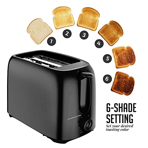 OVENTE Electric Kettle + 2-Slice Toaster Combo, 1.7L Hot Water Boiler with Auto Shut-Off and Boil Dry Protection, Toasting Machine with 6-Shade Settings and Removable Crumb Tray, Black KP72B + TP2210B
