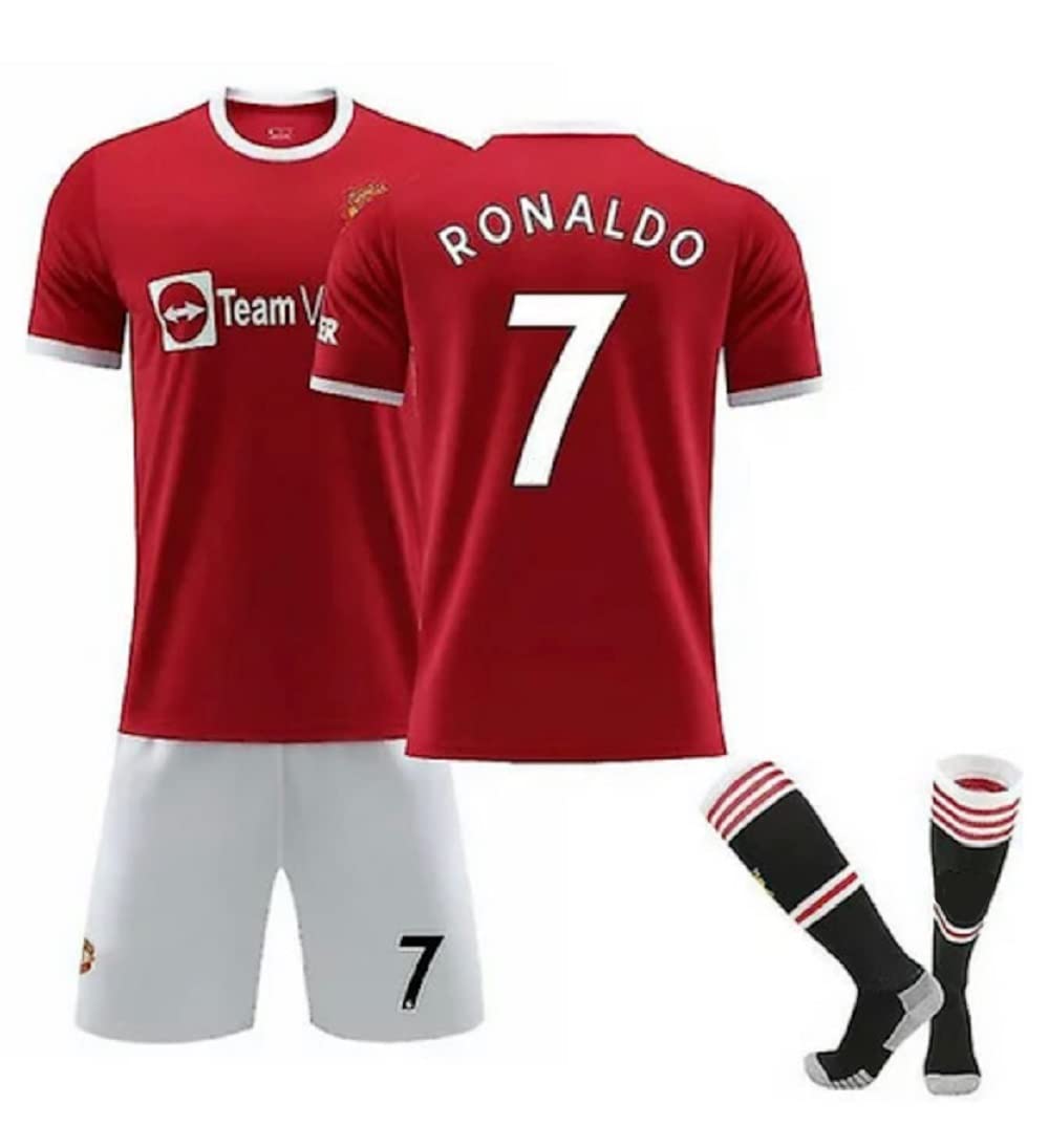 Manchester Ronaldo Red Home Soccer Kids Set (Jersey + Shorts + Socks) Kit Size Medium (8-9 Years Old) for Youth