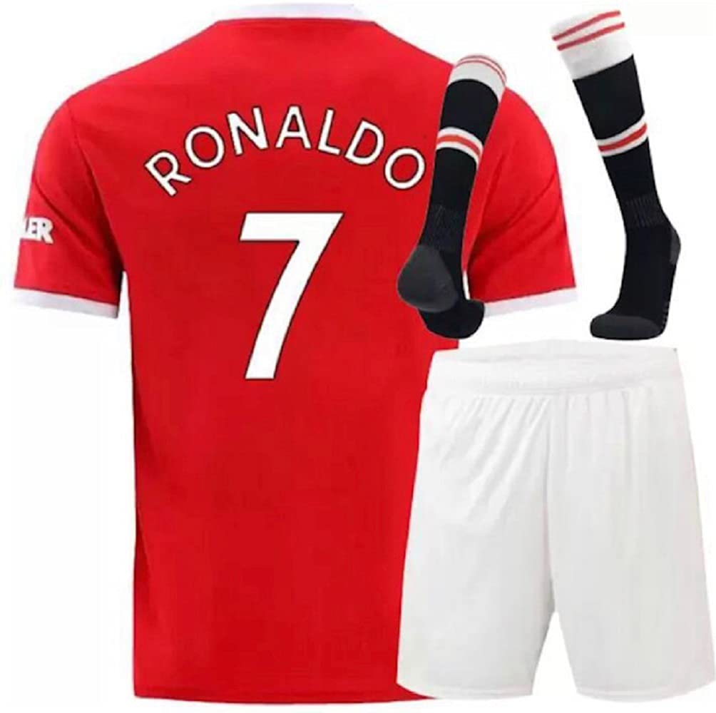 Manchester Ronaldo Red Home Soccer Kids Set (Jersey + Shorts + Socks) Kit Size Medium (8-9 Years Old) for Youth