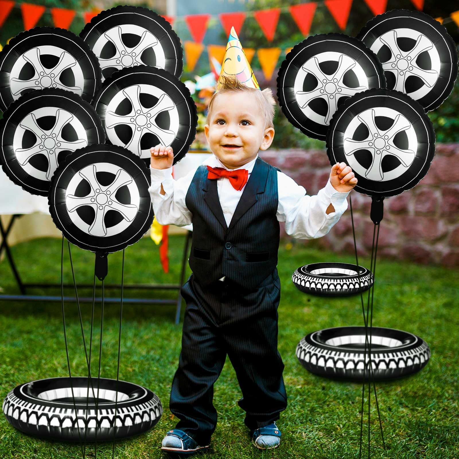 14 Pcs Car Decorations Racing Cars Birthday Party Supplies, 4 Tire Tube Swim Ring Inflatable Tire Floats for Pool with 10 Balloons 18 Inch Race Car Balloons for Birthday Car Themed Party (Wheel Style)