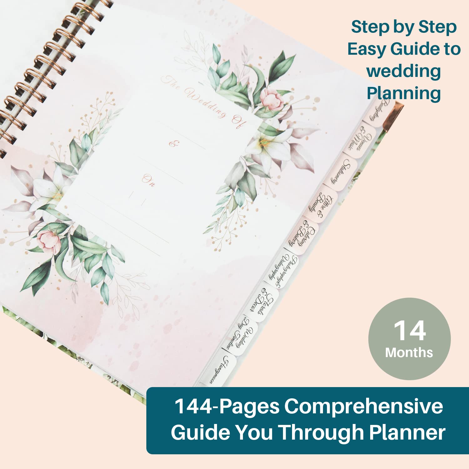 Wedding Planner Book and Organizer for the Bride - Keep Everything Organized & Together - Beautiful Engagement Gift for Couples,Bride To Be Gifts - Hard Cover & Pockets (Golden Coil Flower)