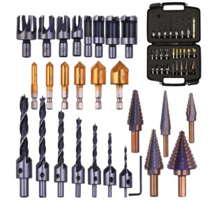 28 pack woodworking chamfer drilling tools with a case, rocaris including 6 countersink, 5 metric step drill bit, 7 counter sinker drill bit set with l-wrench, 8 wood plug cutter