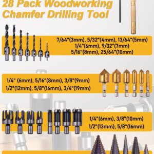 28 Pack Woodworking Chamfer Drilling Tools with a Case, Rocaris Including 6 Countersink, 5 Metric Step Drill Bit, 7 Counter Sinker Drill Bit Set with L-Wrench, 8 Wood Plug Cutter